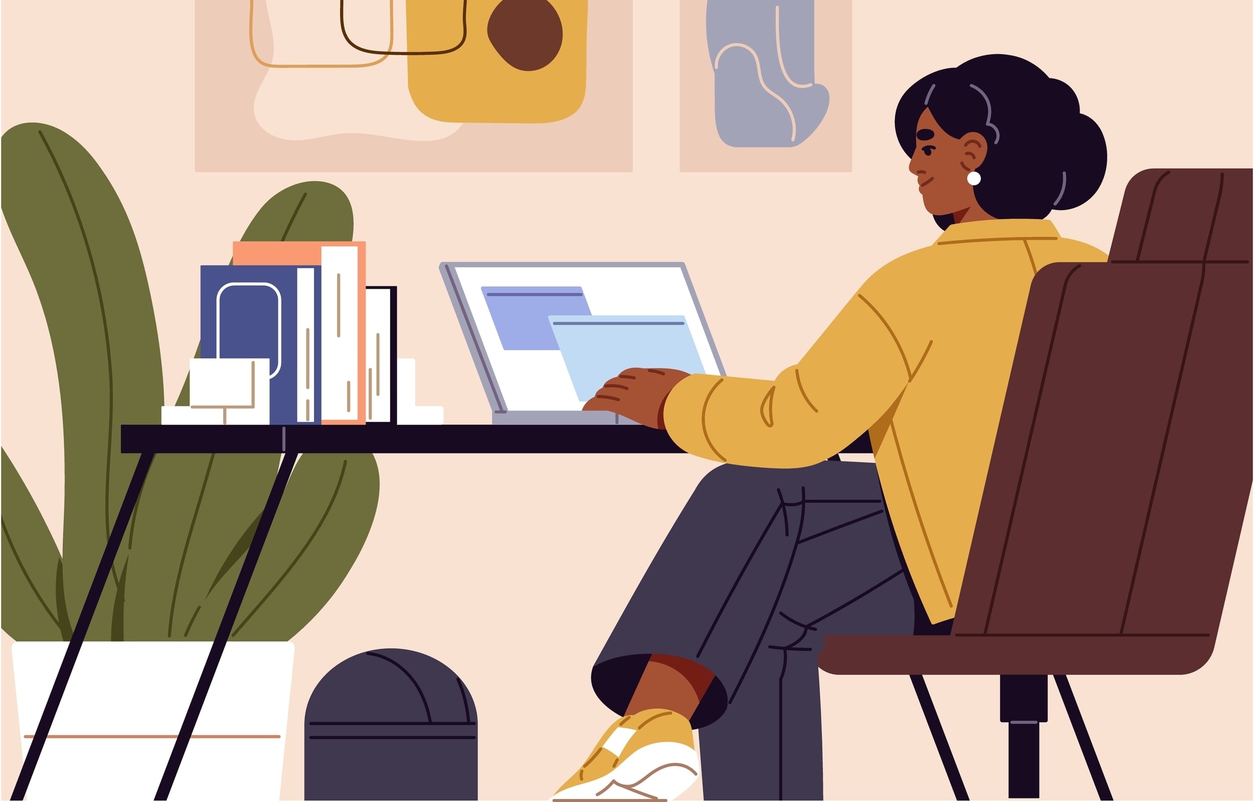 Young,Black,Woman,Works,Remote,At,Home,Office.,Employee,Typing